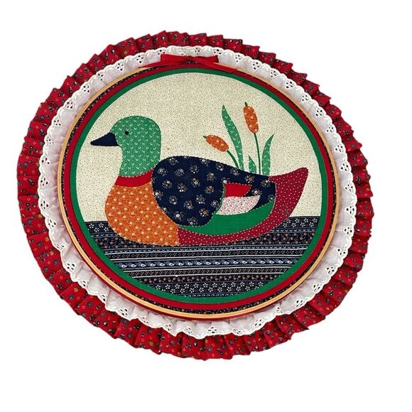 Vintage Other - Colorful Duck Wall Hanging Handmade Embroidered with Red Trim Art
